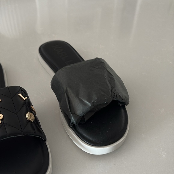 Karl Lagerfeld Black Slides with Gold Lettering - Picture 3 of 3